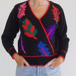 Vintage Holiday Black Wrap Style Botanical Knit Sweater Floral Grandmacore M